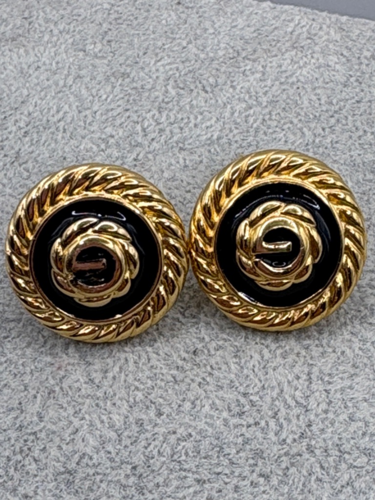 Vintage 80âs Givenchy Gold And Black Enamel Swirl Button Clip On Earrings